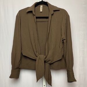 Tie-Front Long-Sleeve Blouse - Brown